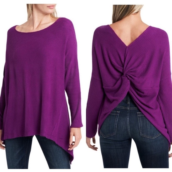New 1.State Knot Back Waffle Knit Top in Crushed Berry - Picture 1 of 11
